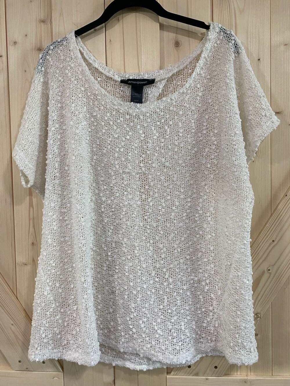 Ashley Stewart Women's Plus Size Open Knit Textured Short Sleeve Top White Size